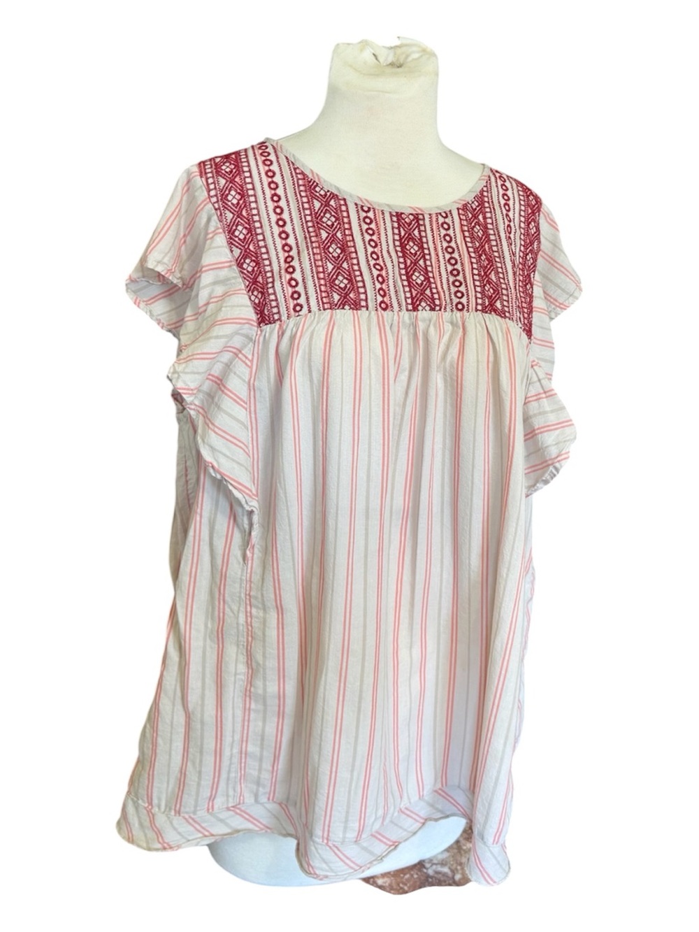 Knox Rose Striped Embroidered Flutter Sleeve Boho Peasant Blouse Top XL